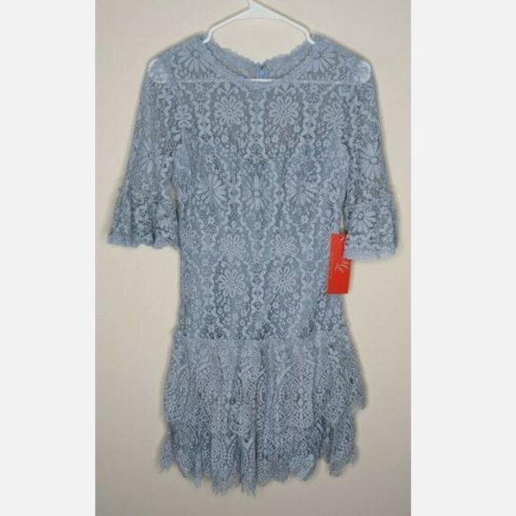 Monique Lhuillier Floral Lace Cocktail Dress, Blue Mist, Women's 6